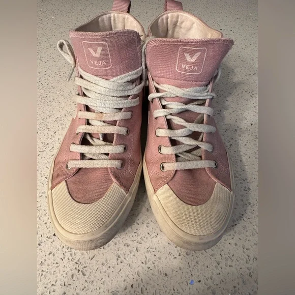 Veja Pink High-Top Canvas Sneakers with Cream Accents - Picture 7 of 11